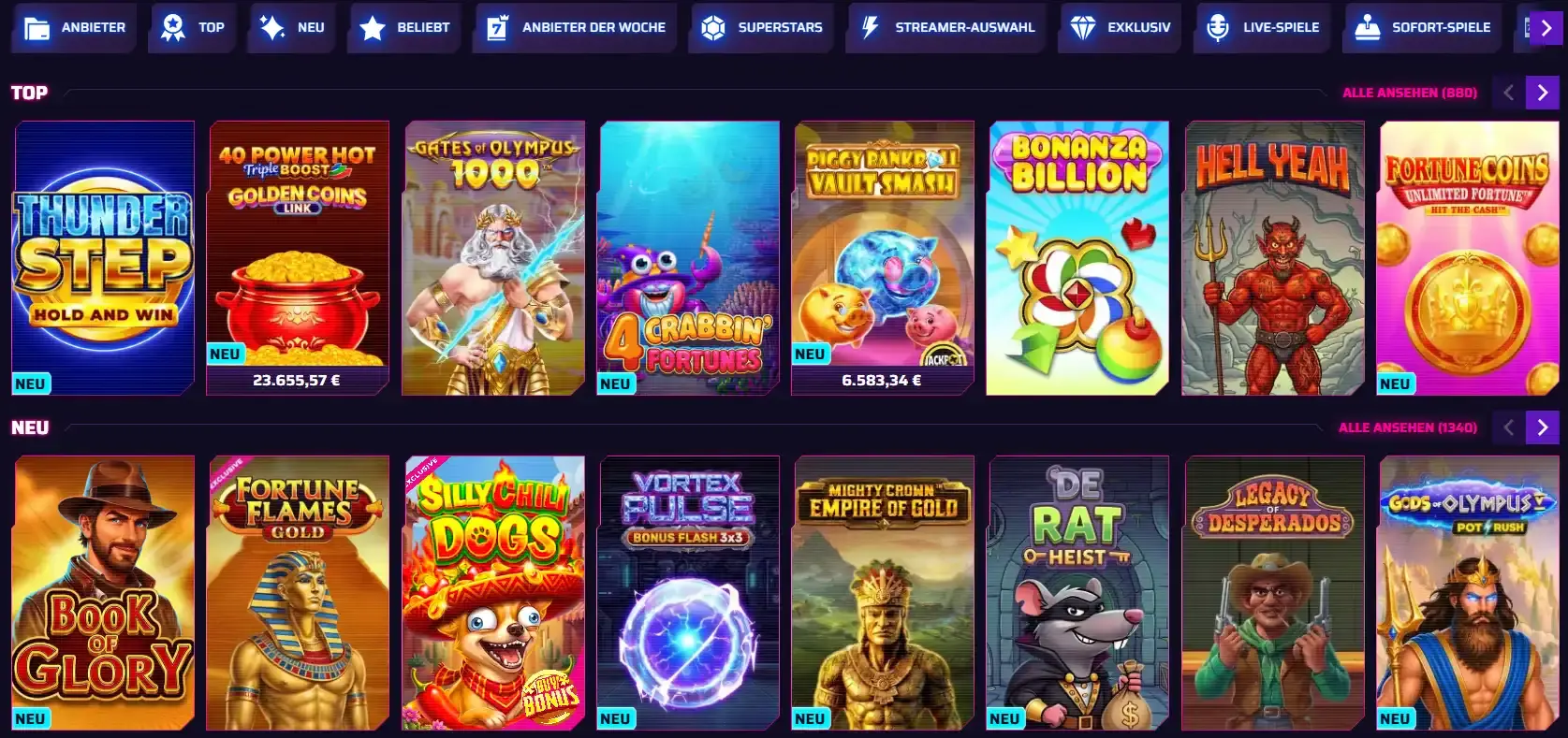 Aktuelle deutsche Roby Casino Spielelobby mit Kategorien und Spielkacheln