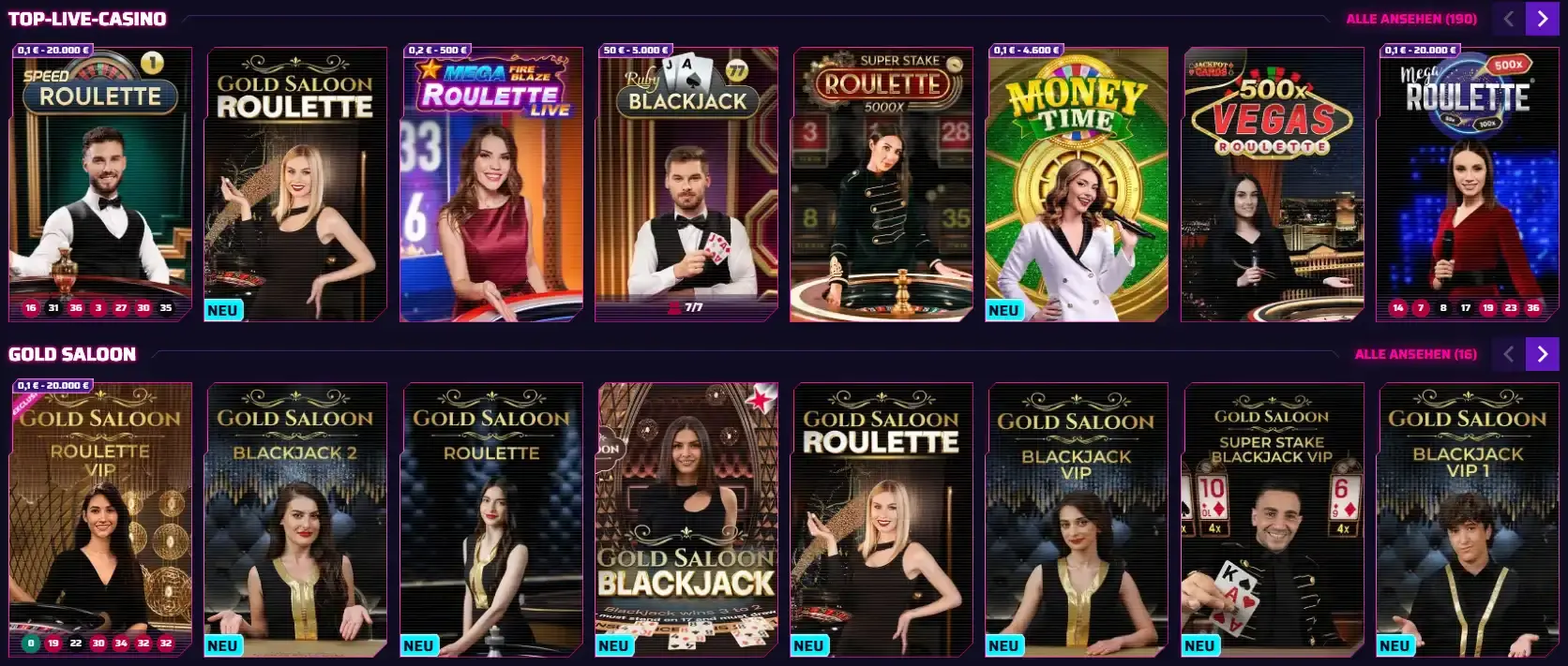 Aktuelle deutsche Roby Casino Live-Casino-Seite mit Live-Tischen