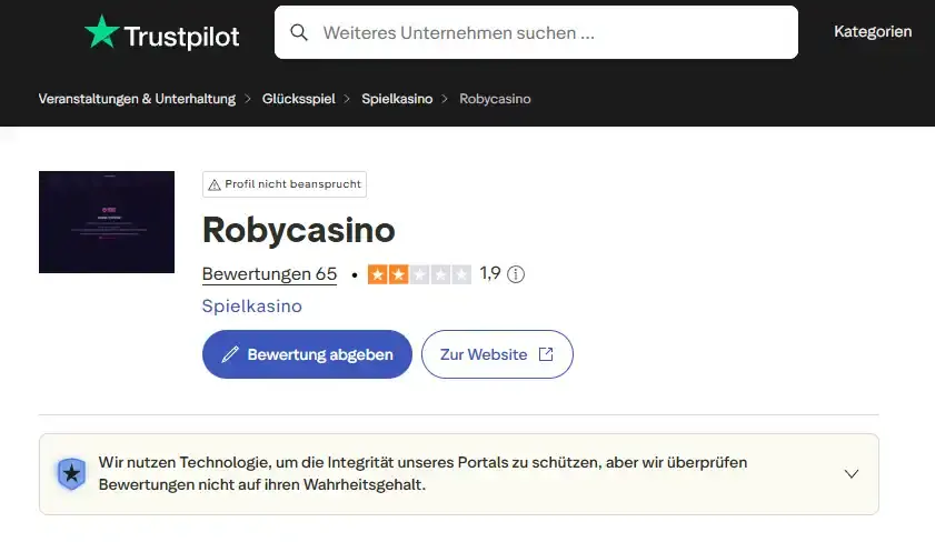 Aktueller Trustpilot-Bewertungsstand zu Roby Casino