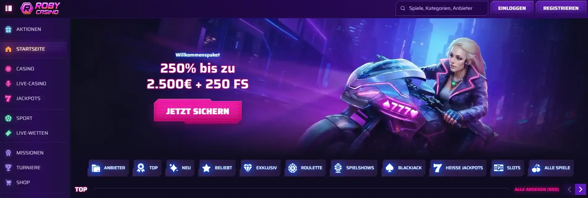 Deutsche Roby-Casino-Startseite mit Navigation und aktuellem Angebot
