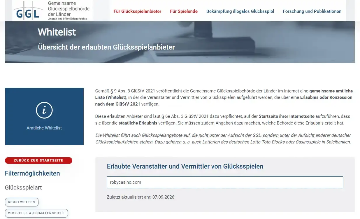 GGL-Whitelist mit Suchkontext für Roby Casino