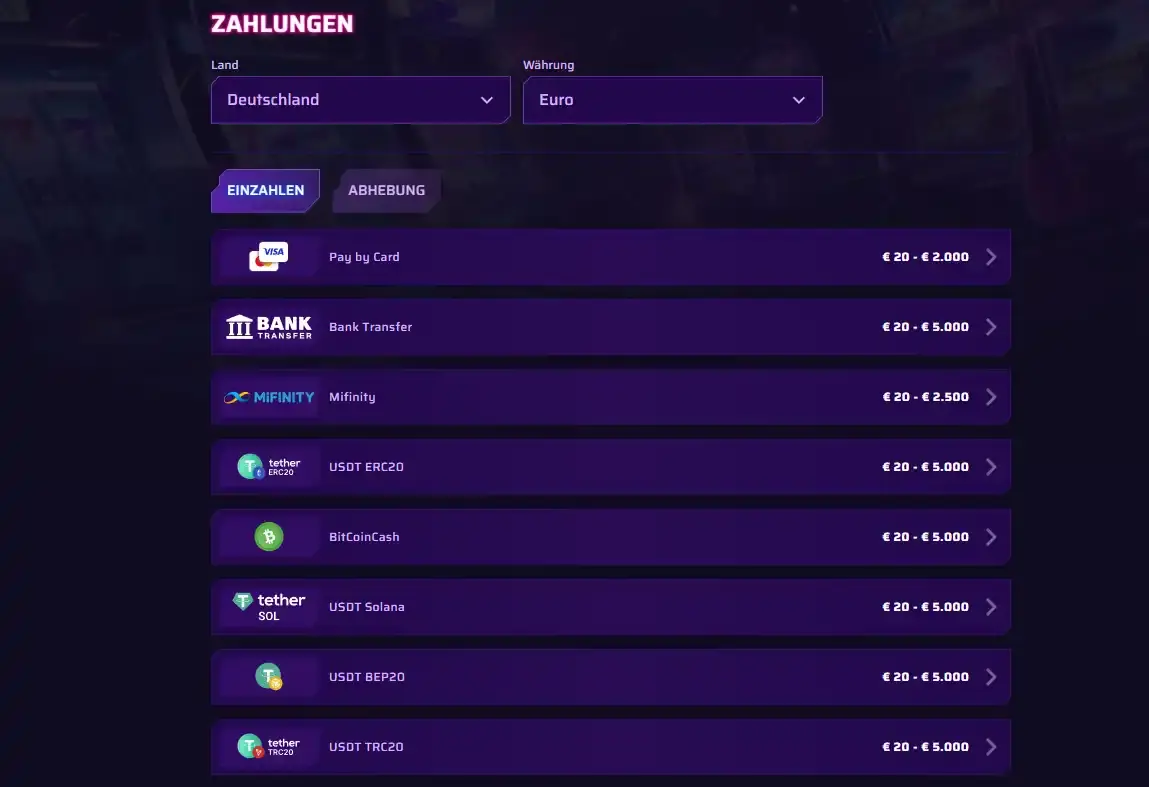 Roby Casino Zahlungsbereich mit echten verfügbaren Zahlungsoptionen